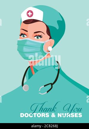 Vielen Dank an Ärzte und Krankenschwestern, die in den Krankenhäusern arbeiten und das Coronavirus bekämpfen, Vektordarstellung. Krankenschwester`s Uniform und Stethoskop. Krankenschwester Stock Vektor